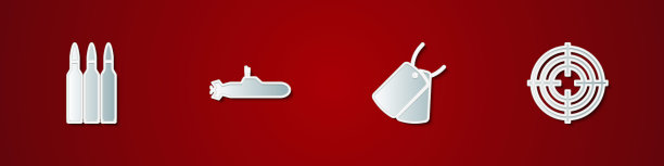 集子弹，潜艇，军事狗标签和目标运动图标。向量图片下载