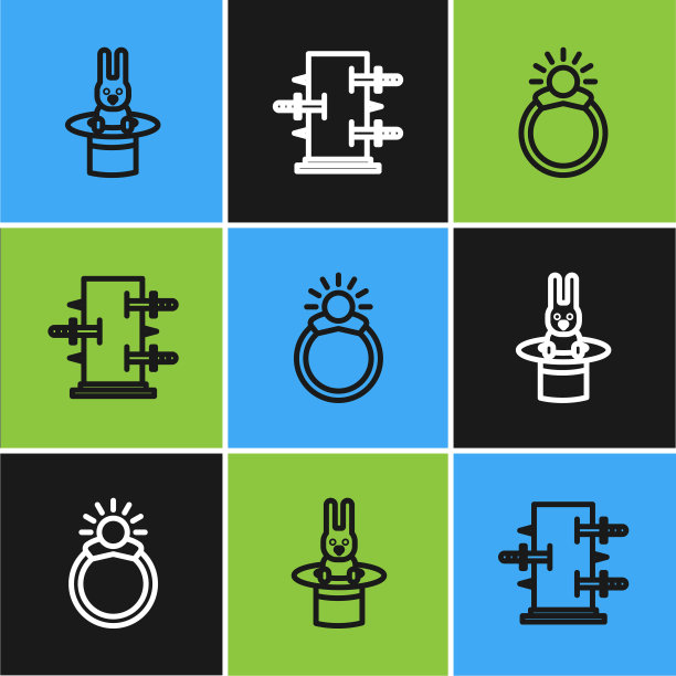 设置线魔术师帽子和兔子，石头戒指与宝石和树干魔术图标。向量图片下载