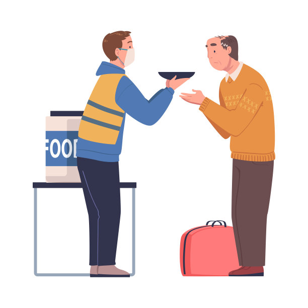 志愿者在分发点向难民分发食物。人道主义援助帮助组织支持人们在困难的生活情况矢量插图图片下载