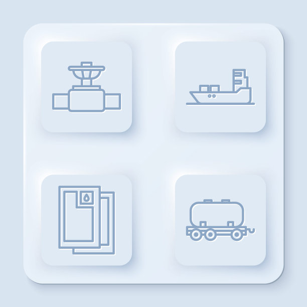 成套工业管道及阀门，油船，桶装油及铁路储油罐。白色方形按钮。向量图片下载