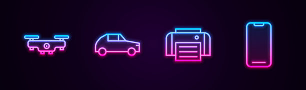 无人机飞行，汽车，打印机和智能手机。发光的霓虹灯图标。向量图片下载