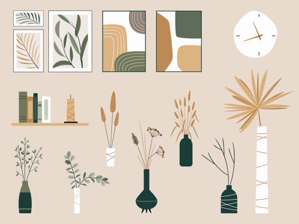 一套独立的装饰元素，装饰你的客厅或办公室。抽象和花卉图片，插花束。现代简约设计。日本风格或斯堪的纳维亚风格图片下载