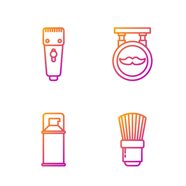 设置线剃须刷，剃须啫喱泡沫，电动剪发器或剃须刀和理发店。渐变颜色图标。向量图片下载
