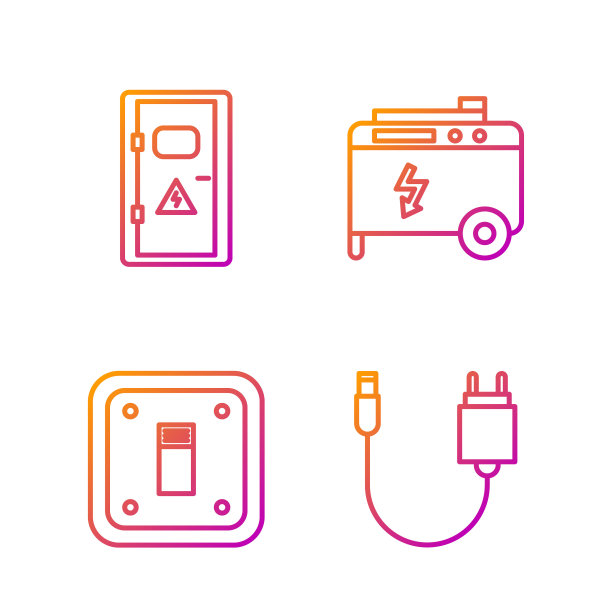 集线路充电器、电灯开关、电柜、便携式发电机于一体。渐变颜色图标。向量图片下载