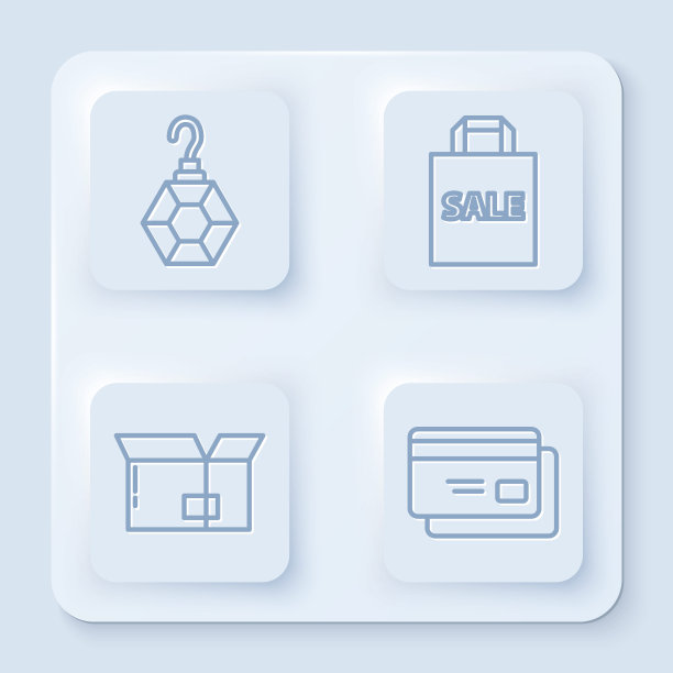 设线耳环，购物袋与销售，纸箱纸箱和信用卡。白色方形按钮。向量图片下载