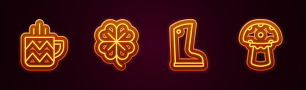 集茶杯、四叶草、防水胶靴、香菇为一体。发光的霓虹灯图标。向量图片下载