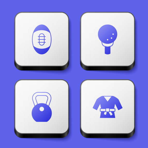 集美式橄榄球，高尔夫球上的tee，重量和服图标。白色方形按钮。向量图片下载