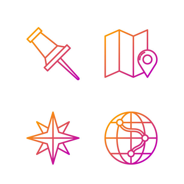 在地球仪上设置线路位置，风玫瑰，推针和折叠地图与位置标记。渐变颜色图标。向量图片下载