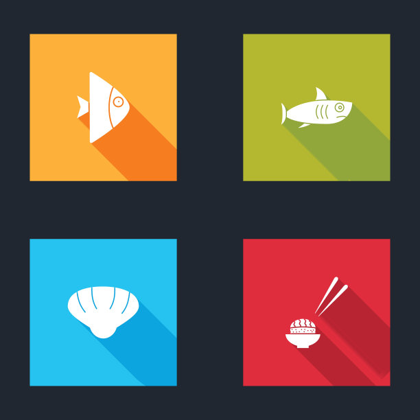 集鱼，鲨鱼，扇贝海贝壳和寿司图标。向量图片下载