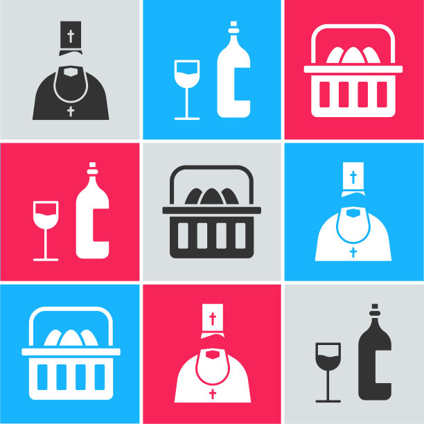 设置牧师，酒瓶与玻璃和篮子与复活节彩蛋图标。向量图片下载
