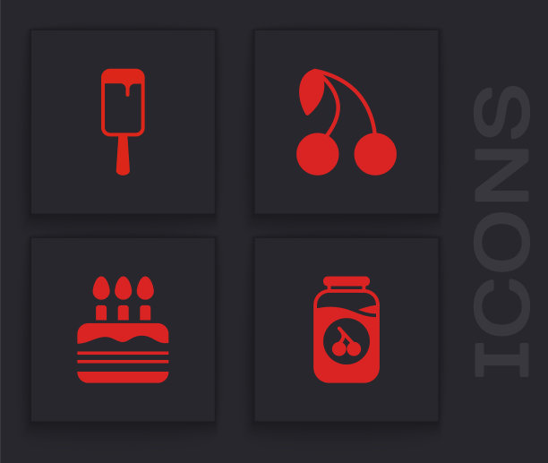 集樱桃果酱罐，冰淇淋，蛋糕与燃烧的蜡烛图标。向量图片下载