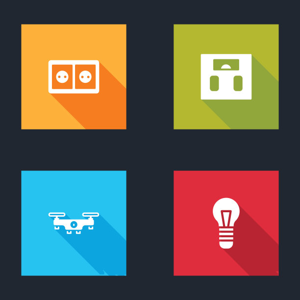 设置电源插座，浴室秤，无人机飞行和灯泡图标。向量图片下载