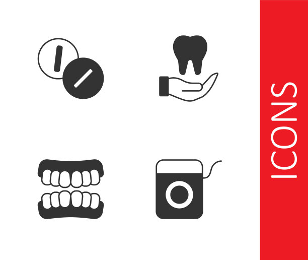 设置牙线，牙痛片，假牙模型和图标。向量图片下载