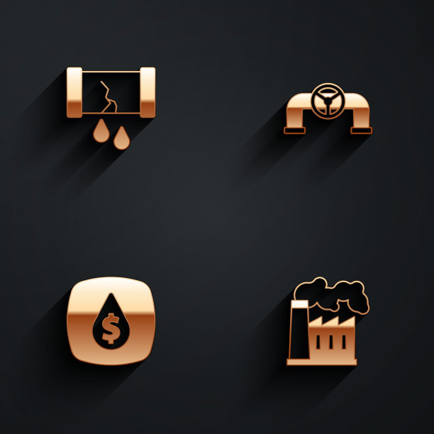 设置破裂的油管与阀门，石油，下降美元符号和天然气工业工厂图标长阴影。向量图片下载