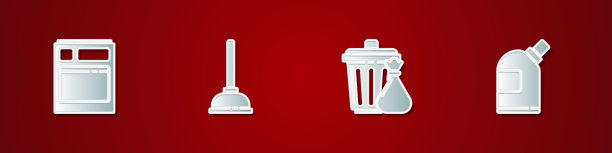 集厨房洗碗机，橡胶柱塞，垃圾桶和垃圾袋和瓶子清洗剂图标。向量图片下载