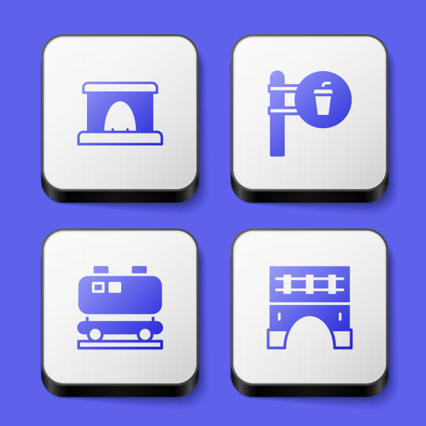 设置铁路隧道，咖啡馆和餐厅的位置，石油铁路蓄水池和桥梁的火车图标。白色方形按钮。向量图片下载