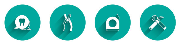 设置牙齿，牙钳，牙线，镜子和探针图标长阴影。向量图片下载