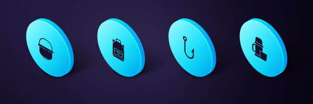 集等长保温瓶容器和杯子，钓鱼钩，徒步旅行背包和露营锅图标。向量图片下载