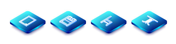 设置等距线图片，烤箱，椅子和圆桌图标。向量图片下载