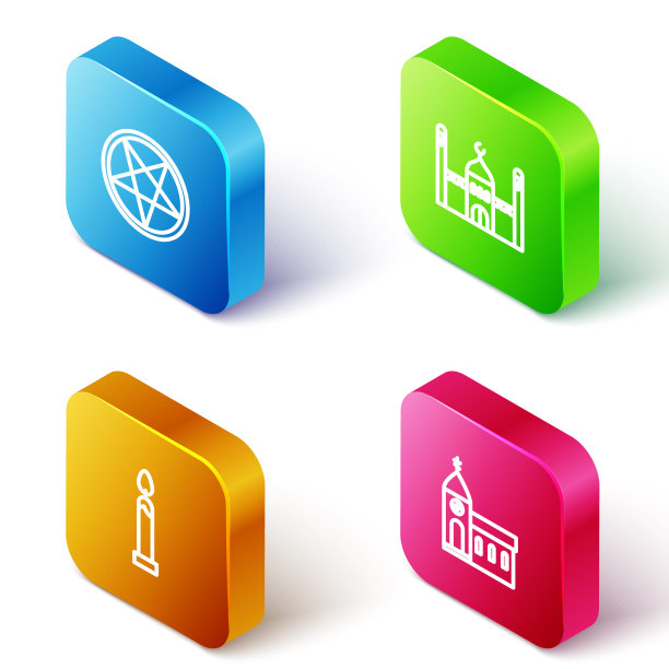 设置五角星在一个圆圈的等距线，穆斯林清真寺，燃烧的蜡烛和教堂建筑图标。向量图片下载