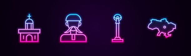 设置线教堂建筑，乌克兰哥萨克，独立纪念碑和乌克兰地图。发光的霓虹灯图标。向量图片下载