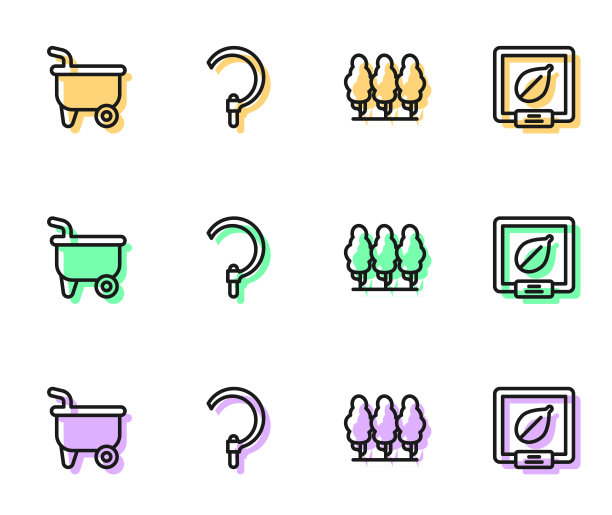 设置线果树，手推车，镰刀和种子的特定植物图标。向量图片下载