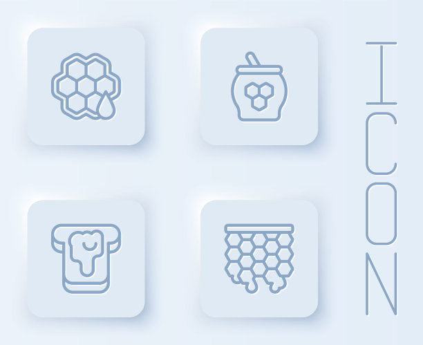 设行蜂房，蜜罐和斗棍，饼和饼。白色方形按钮。向量图片下载