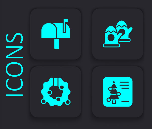 设置圣诞明信片，邮箱，手套和花环图标。黑色方形按钮。向量图片下载