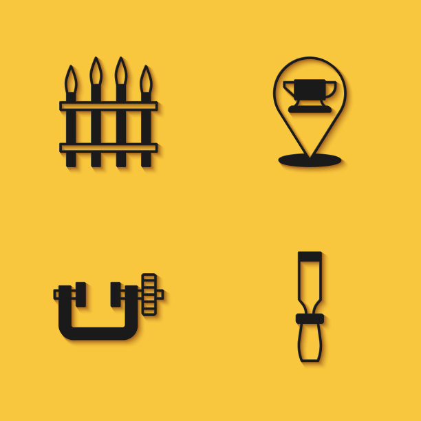 集经典的铁栅栏，锉刀金属文件，夹具和螺丝工具和铁砧图标与长阴影。向量图片下载