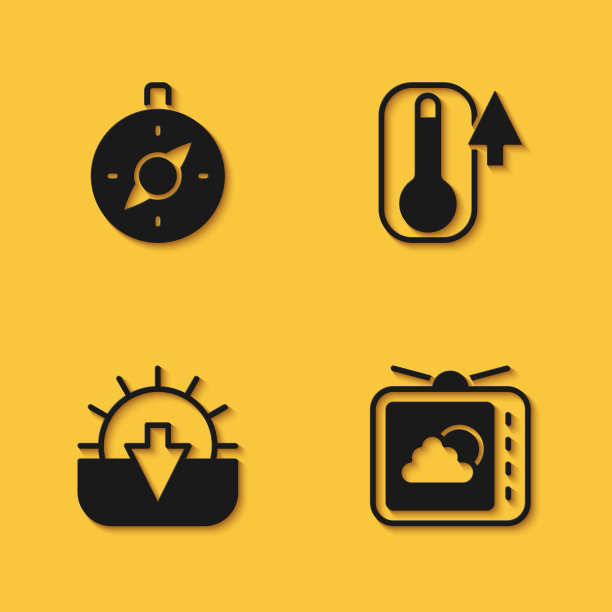 设置指南针，天气预报，日落和温度计图标长阴影。向量图片下载