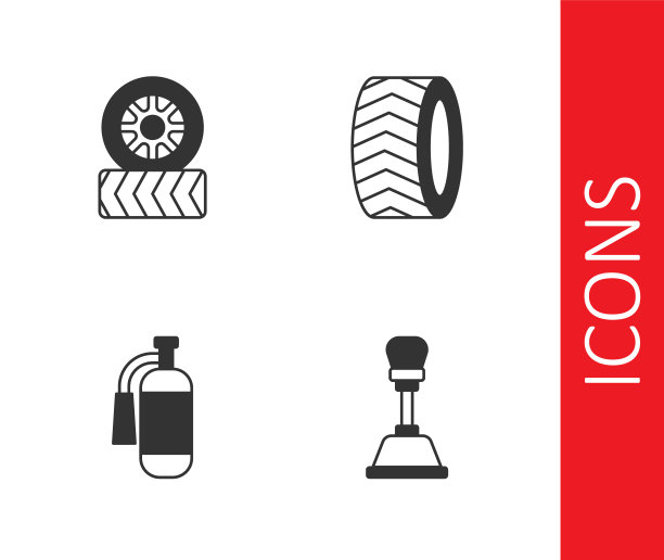 设置换档器，汽车轮胎，灭火器和图标。向量图片下载