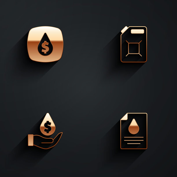集油滴与美元符号，罐汽油，合同钱和笔的图标长阴影。向量图片下载