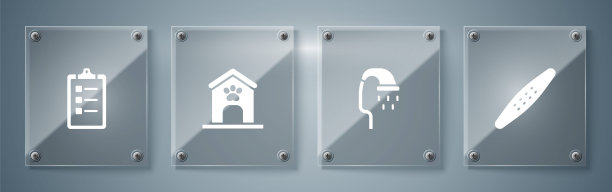 集指甲锉宠物，宠物淋浴，狗屋和爪印和美容沙龙价格清单。方形玻璃板。向量图片下载