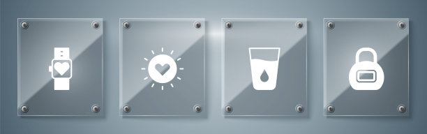 设置水壶，玻璃与水，太阳和智能手表。方形玻璃板。向量图片下载