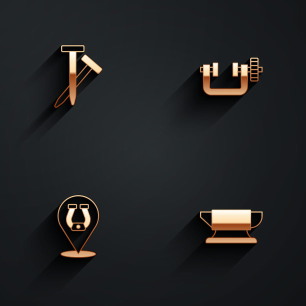 集金属钉子，夹具和螺丝工具，马蹄铁和铁砧图标与长阴影。向量图片下载