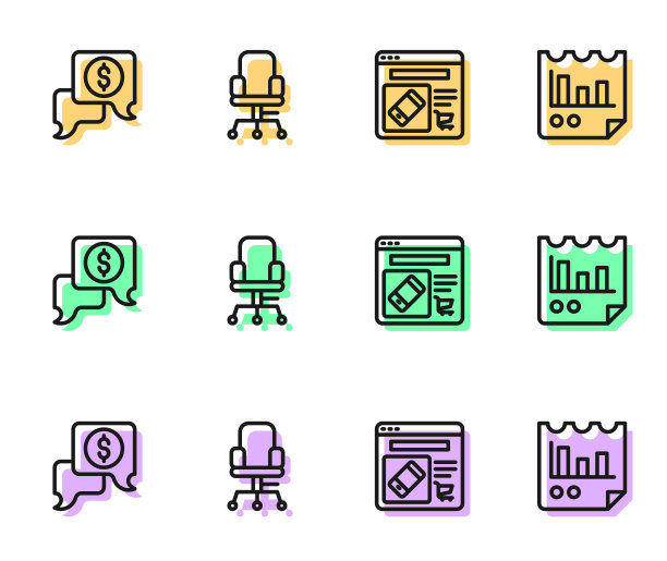 在线购物屏幕，商务谈判，办公椅，文件与图表图标。向量图片下载