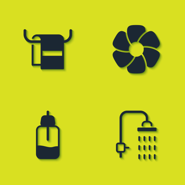 把毛巾放在衣架上，淋浴，精油瓶和花的图标。向量图片下载