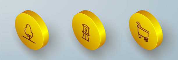 设置等距线果树，水塔和手推车图标。向量图片下载