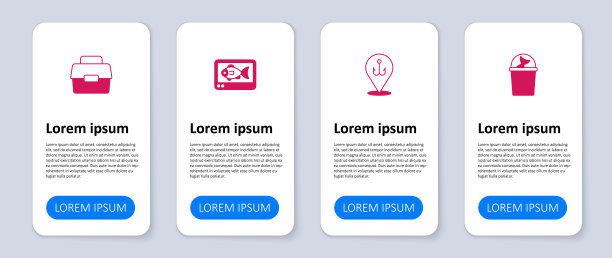 设置钓鱼桶与鱼，钩，探测仪回声测深和盒或盒钓鱼。业务信息图表模板。向量图片下载