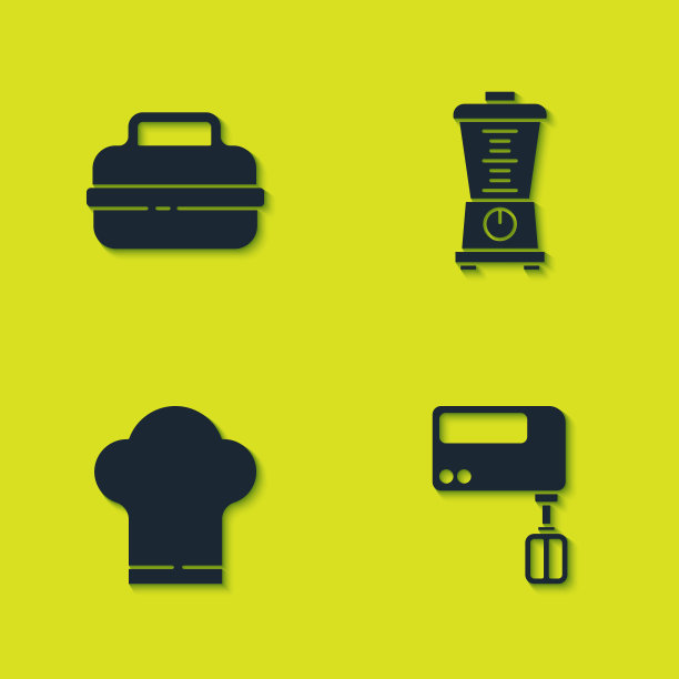 设置烹饪锅，电动搅拌机，厨师帽和搅拌机图标。向量图片下载