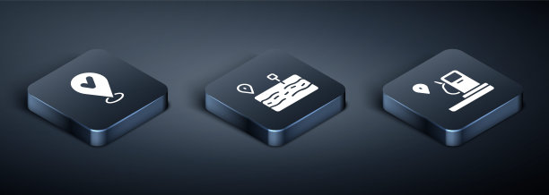 设置等距位置与复选标记，加油站和破碎的道路图标。向量图片下载