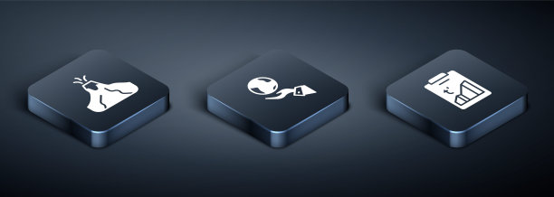 设置等距火山喷发与熔岩，全球变暖和手握地球的全球图标。向量图片下载