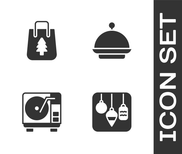 设置圣诞灯，购物袋，乙烯基播放器与乙烯基磁盘和覆盖托盘图标。向量图片下载