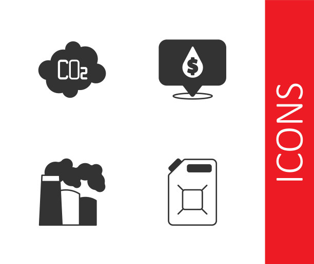 集罐汽油，二氧化碳排放云，石油和工业工厂和下降与美元符号图标。向量图片下载