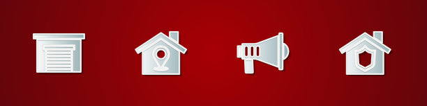 设置车库，位置与房子，扩音器和房子盾牌图标。向量图片下载