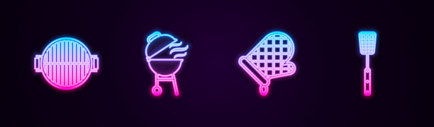 设置线烧烤架，烤箱手套和抹刀。发光的霓虹灯图标。向量图片下载