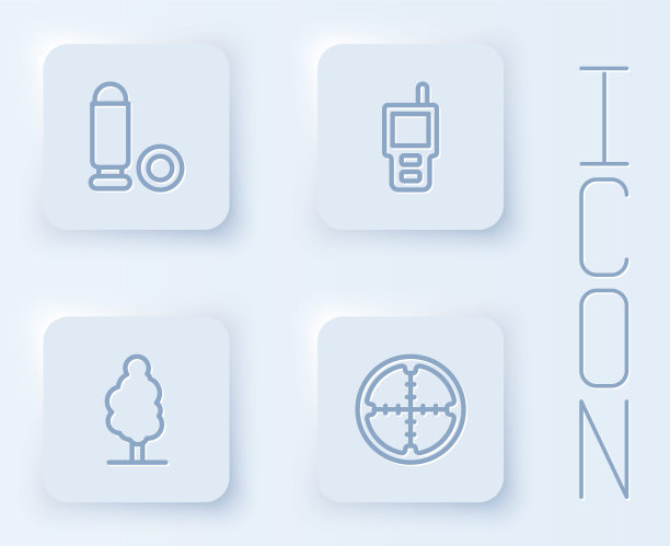 瞄准线子弹，对讲机，树和狙击手光学瞄准具。白色方形按钮。向量图片下载