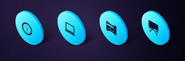 设置等距黑板，卷笔刀，笔记本电脑和时钟图标。向量图片下载