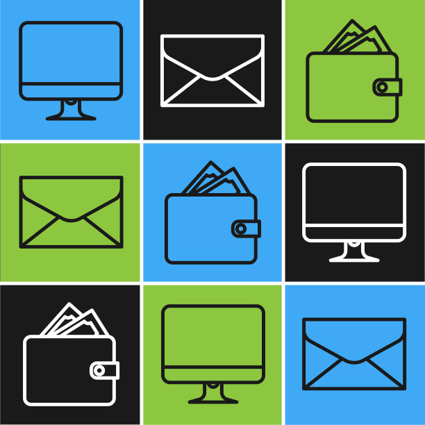 电脑显示屏，钱包，钞票和信封图标。向量图片下载