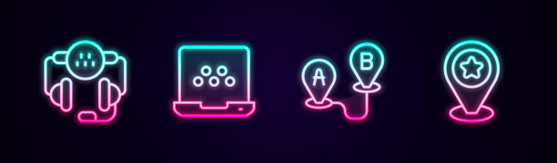 设置线路出租车呼叫电话服务，手机应用程序，路线定位和星号定位。发光的霓虹灯图标。向量图片下载